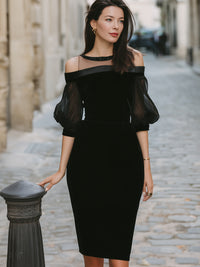 Black Velvet Off-Shoulder Illusion Midi Dress With Sheer Sleeves