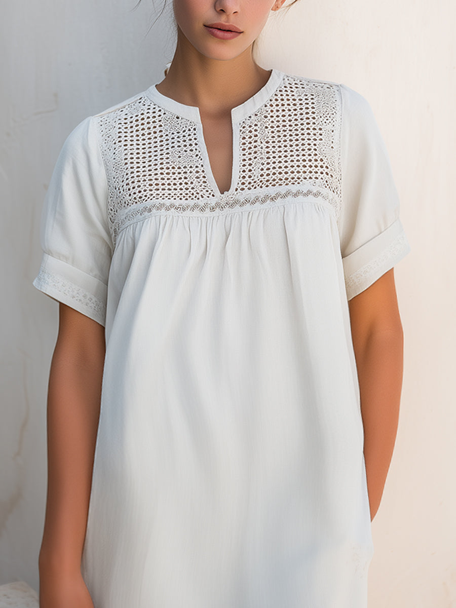 Short Sleeve Lace Panel Relaxed Mini Dress