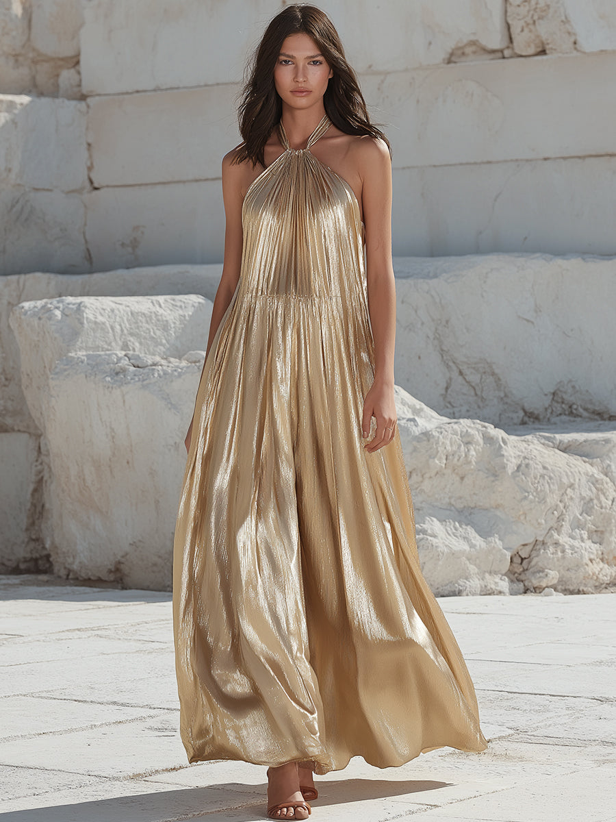 Metallic Halter Neck Flowing Maxi Dress