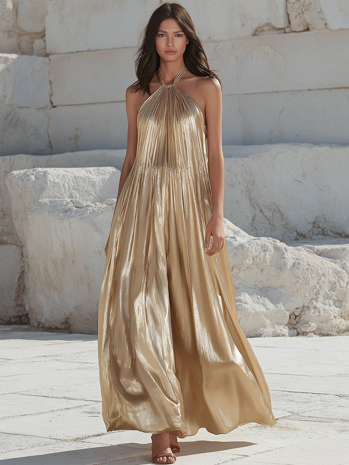 Metallic Halter Neck Flowing Maxi Dress