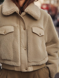 Beige Faux Shearling Cropped Jacket With Utility Details