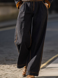 Dark Denim Jacket And Wide-leg Pants Set