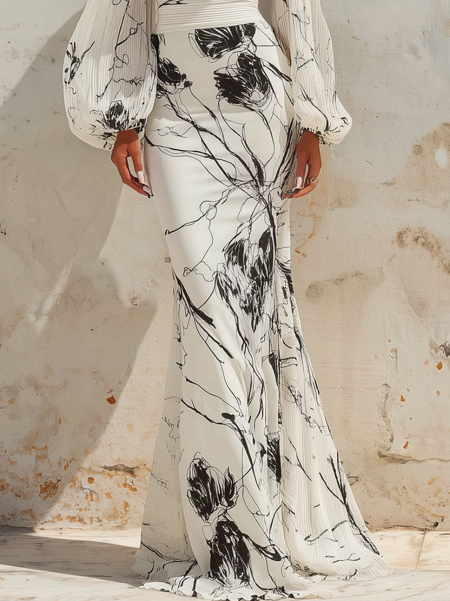 High-Neck Printed Long-Sleeve Maxi Dress