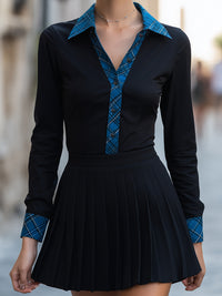 Color-Blocked Check Trim Shirt And Pleated Mini Skirt