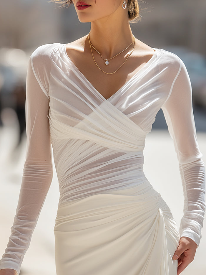 Sheer Ruched Mesh Long-Sleeve Draped Top