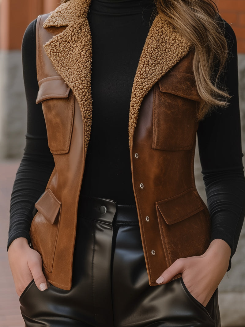 Faux Leather Utility Vest With Shearling Collar