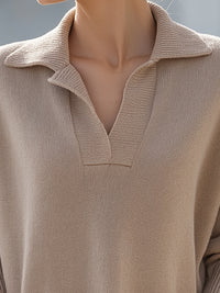 Camel Knit Polo Sweater With Front Pockets