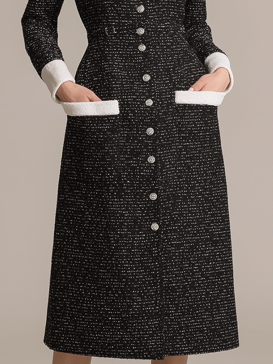 Contrast-Collar Tweed Midi Dress