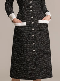 Contrast-Collar Tweed Midi Dress