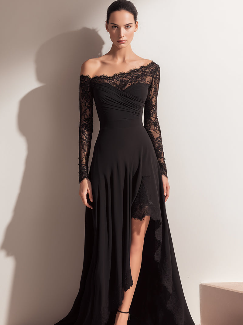 Black Lace Off-Shoulder Evening Gown