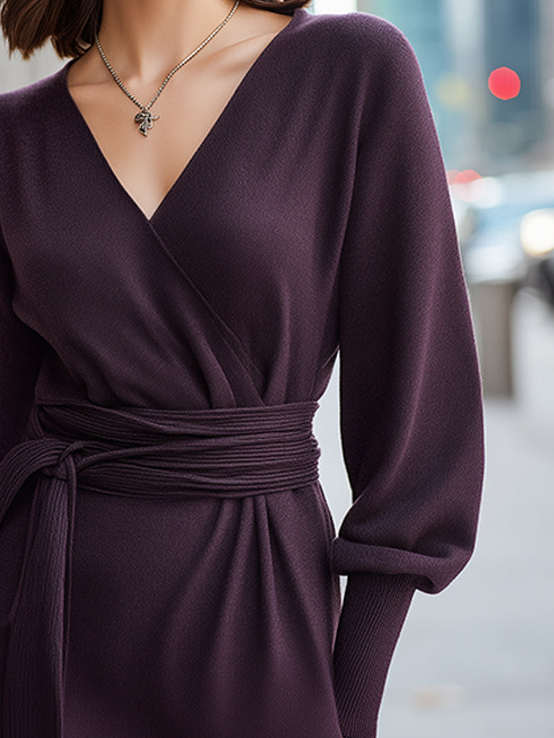 Elegant Burgundy Wrap Dress With Belt