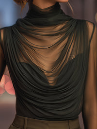 Sheer Draped Mesh High-Neck Evening Top