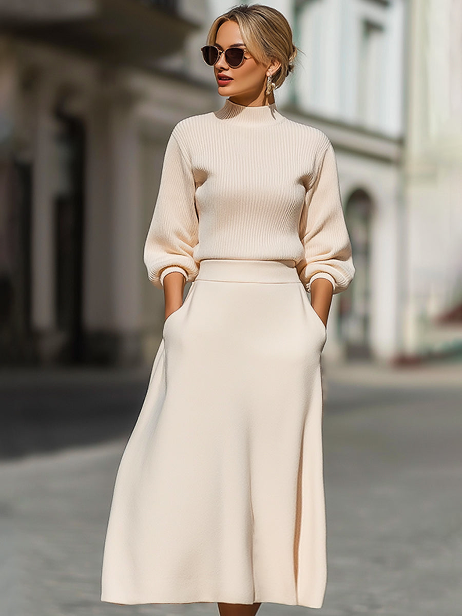 Cream Ribbed Knit Mock-Neck Midi Dress With A-Line Skirt