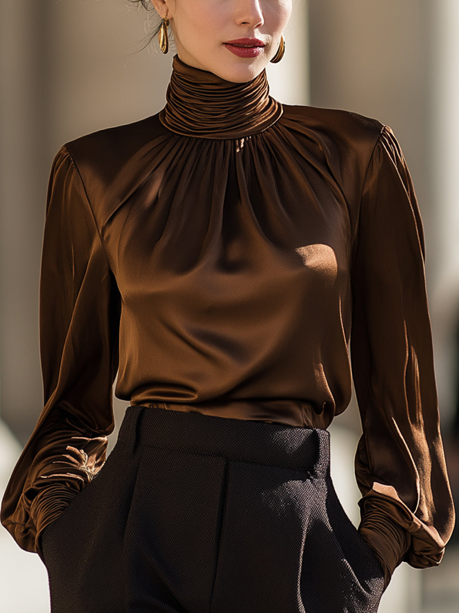 Brown Satin Turtleneck Pleated Shirt