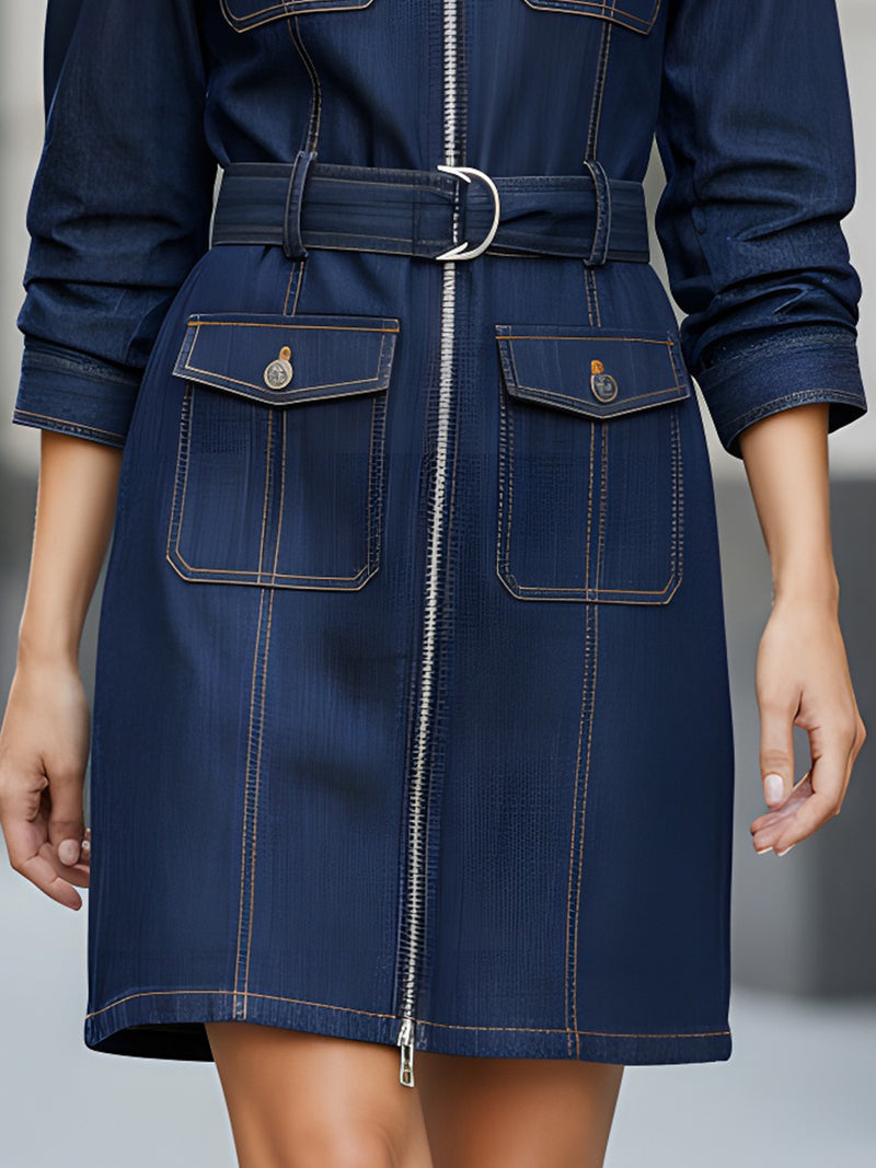 Navy Belted Denim Utility Dress