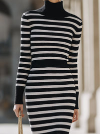 Black And White Striped Knit Turtleneck Midi Dress