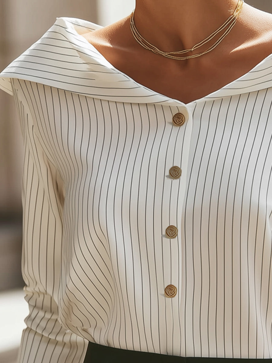 Pinstripe Off-Shoulder Button Blouse