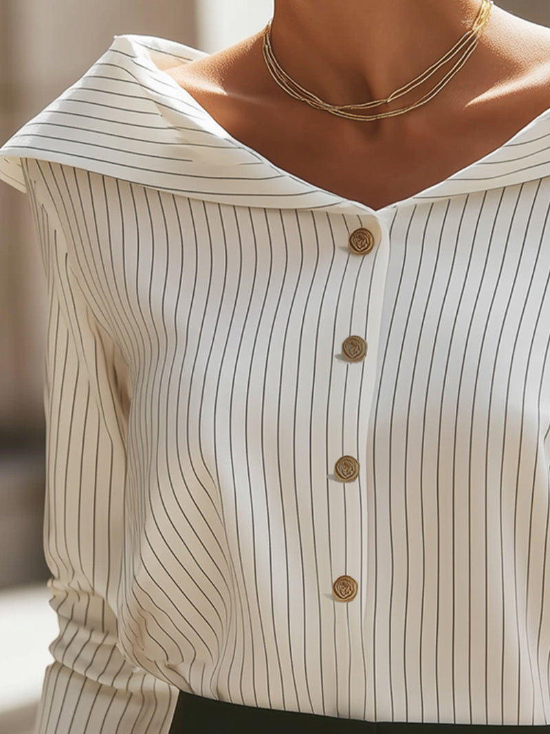 Pinstripe Off-Shoulder Button Blouse