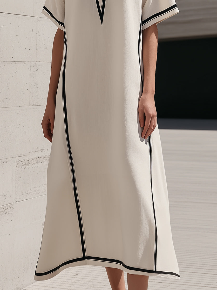 Piped Split V-Neck Band-Collar Midi Shift Dress
