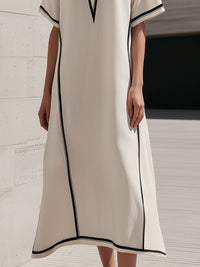Piped Split V-Neck Band-Collar Midi Shift Dress