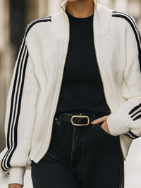 White Zip-Up Knit Bomber Jacket With Black Stripes