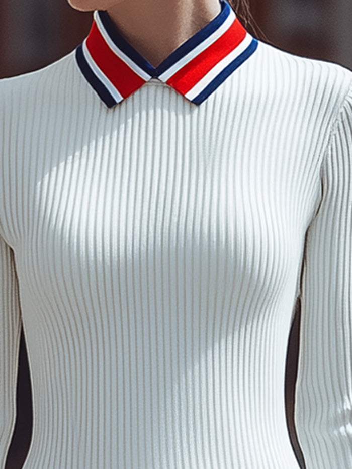White Ribbed Knit Midi Dress With Tricolor Stripe Detail