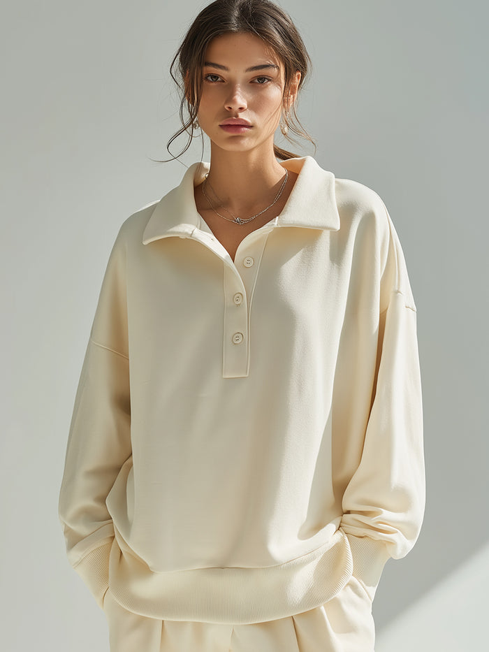 Relaxed Cream Button-Collar Pullover Sweatshirt