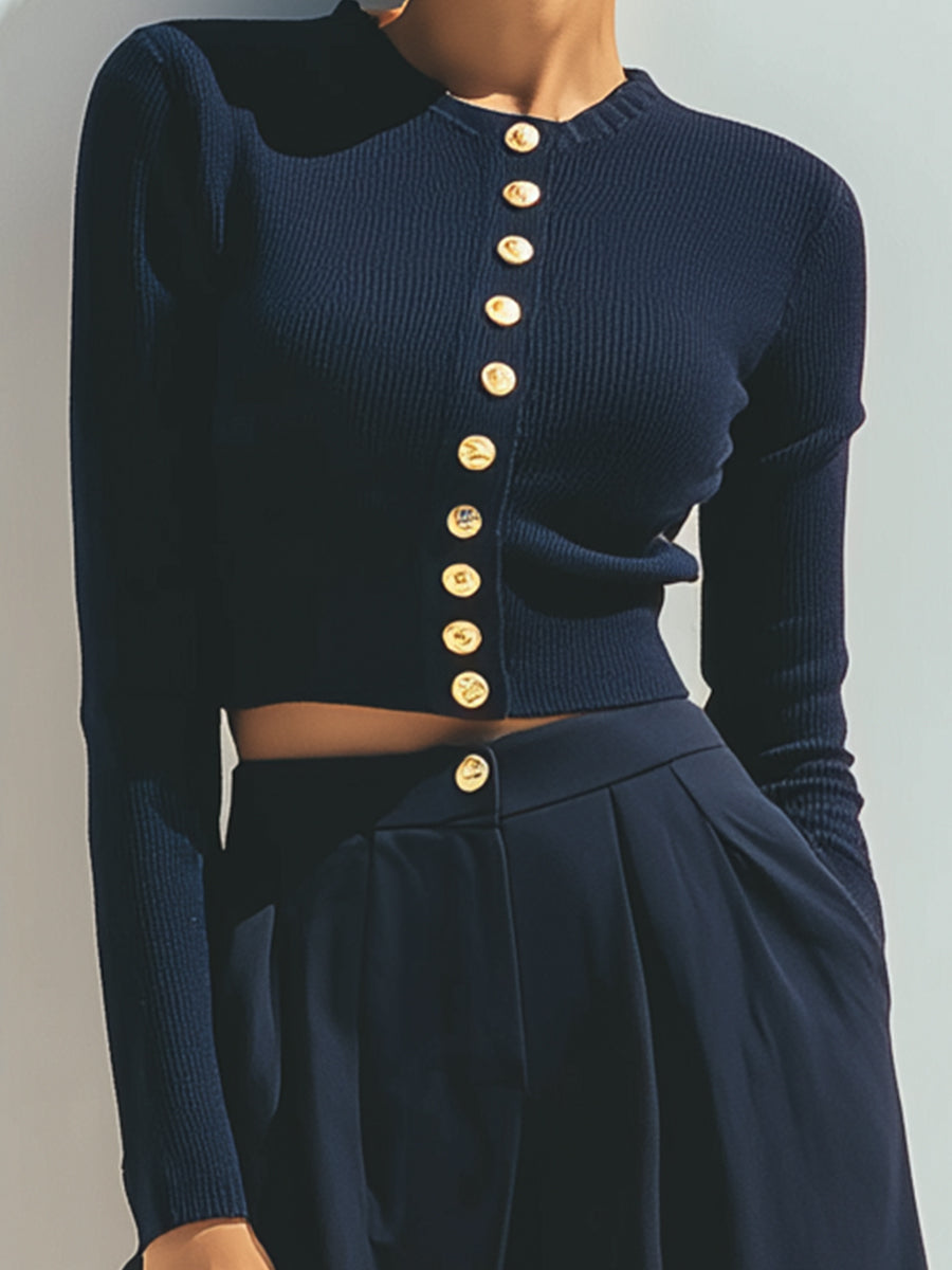 Navy Button-Front Cropped Top With Wide-Legged Pants Set