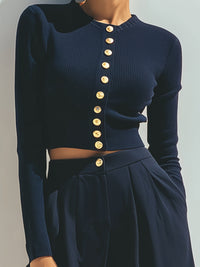 Navy Button-Front Cropped Top With Wide-Legged Pants Set