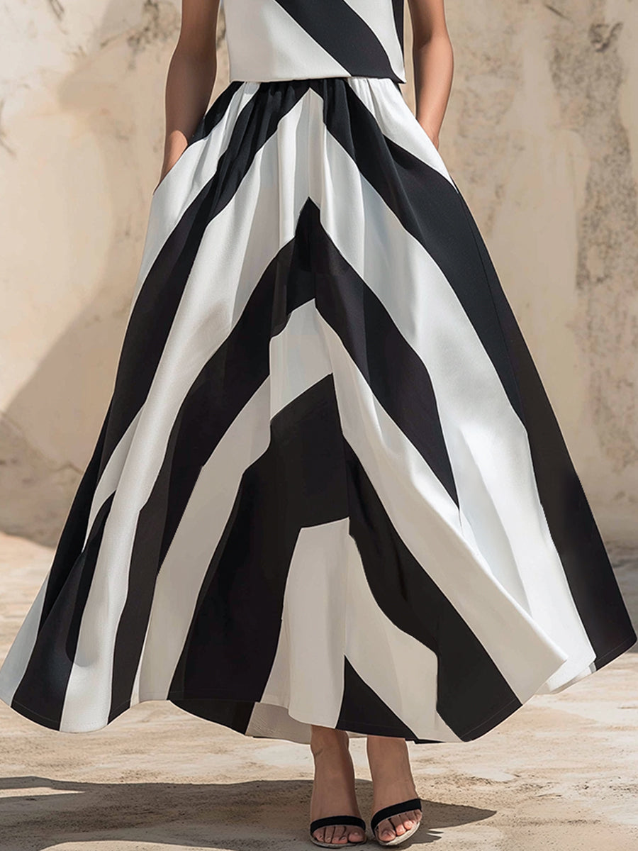 Sleeveless Geometric Print A-line Midi Skirt Set