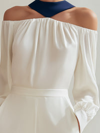 Off-Shoulder Blouse With Contrast Halter Neck Detail