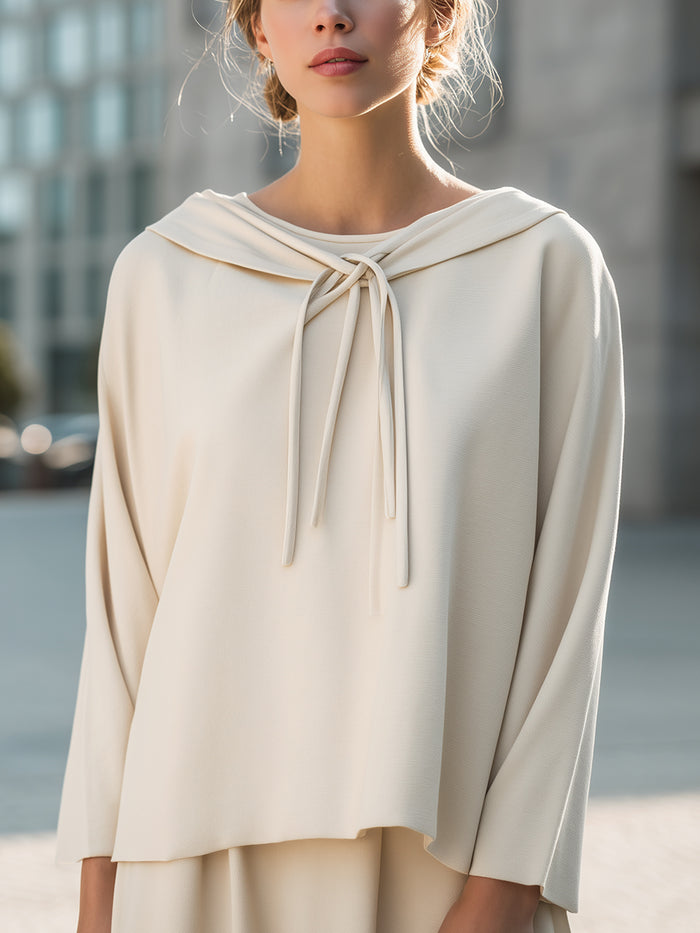 Minimalist Draped Collar Tie-Neck Blouse