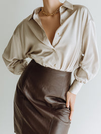 Satin Blouse & Faux Leather Skirt Set
