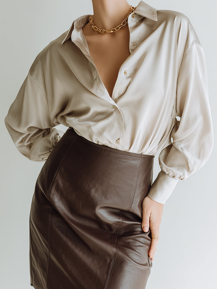 Satin Blouse & Faux Leather Skirt Set
