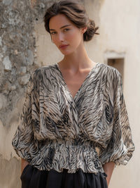 Elegant Zebra-Print V-Neck Peplum Blouse With Elastic Waist