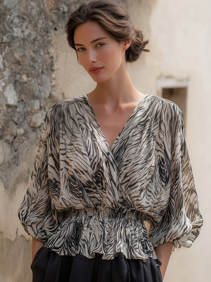Elegant Zebra-Print V-Neck Peplum Blouse With Elastic Waist