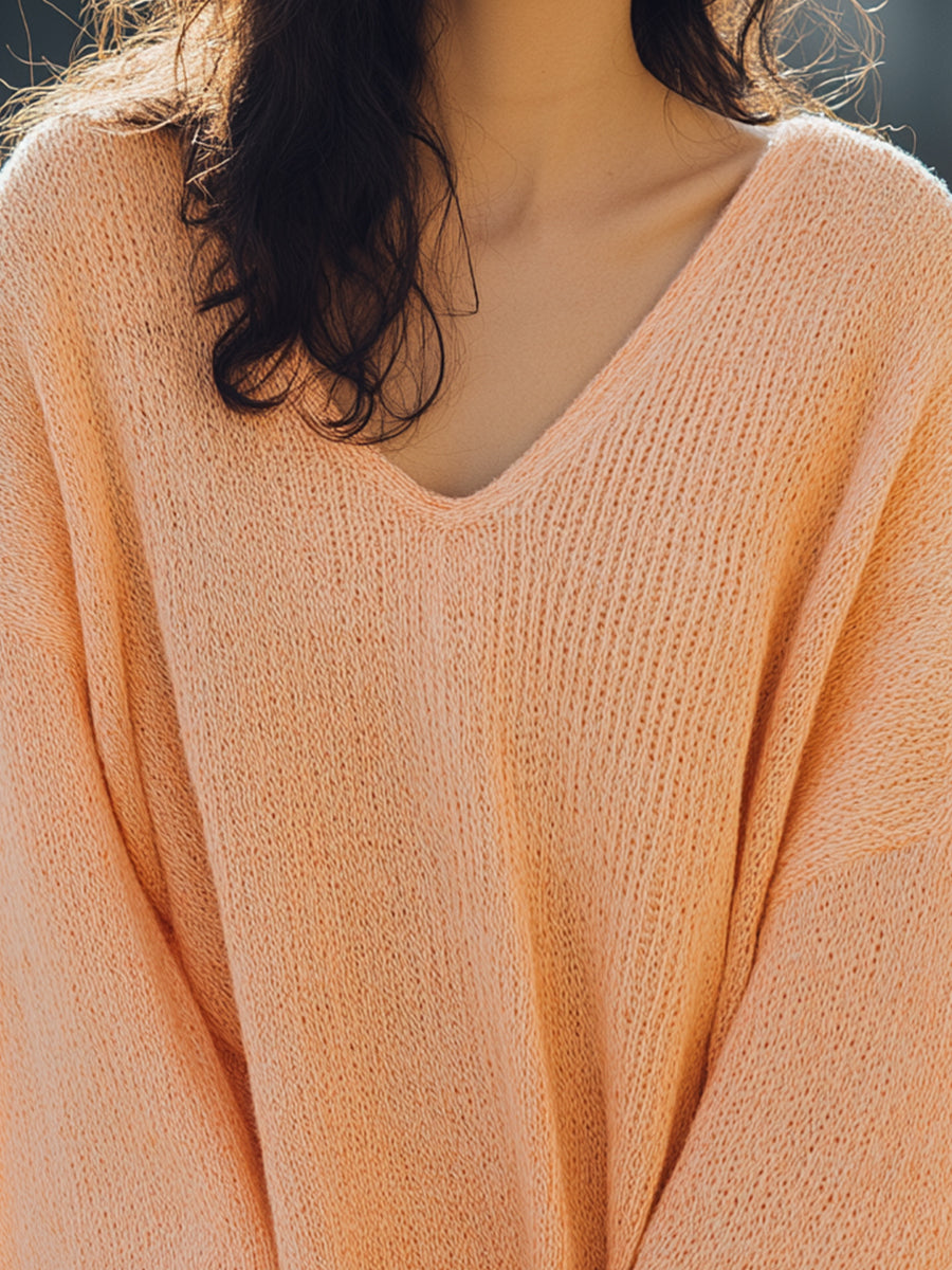 Oversized Peach V-Neck Knit Sweater