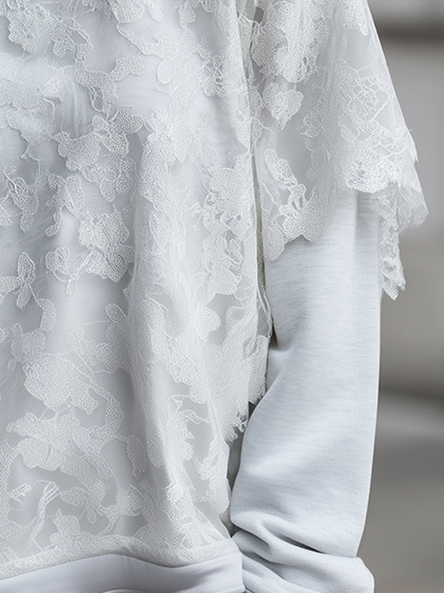 Floral Lace Overlay Relaxed Sweatshirt