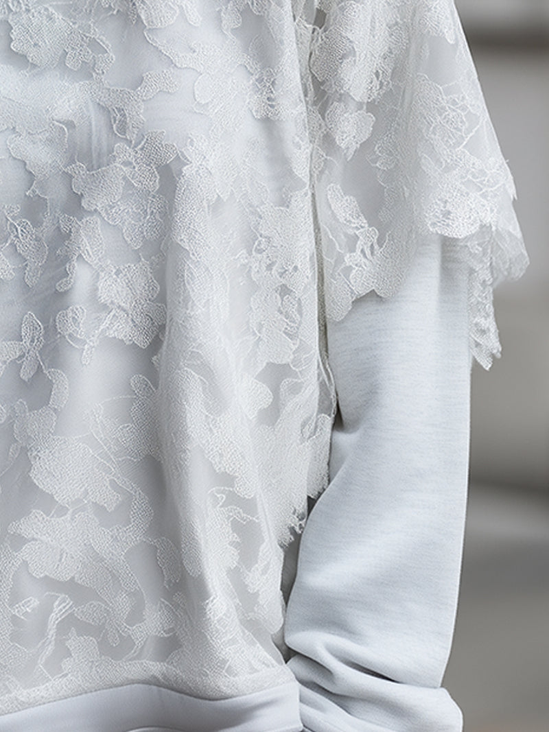 Floral Lace Overlay Relaxed Sweatshirt