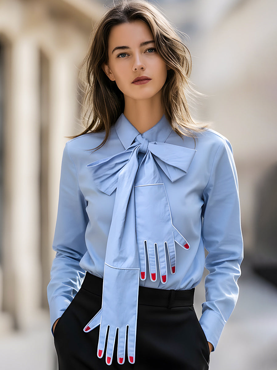 Light Blue Shirt With Hand-decorated Bow Tie