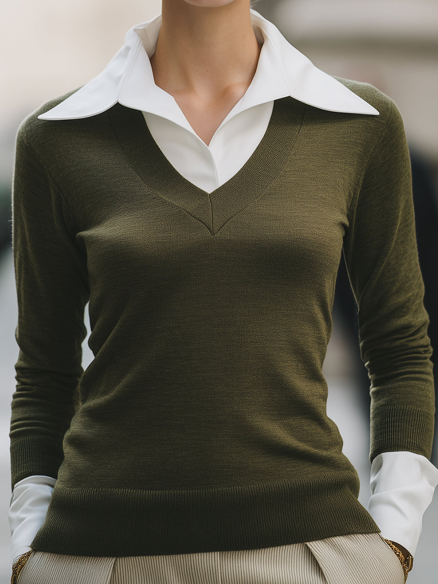 Olive Green V-Neck Knit Sweater With White Collar Detail