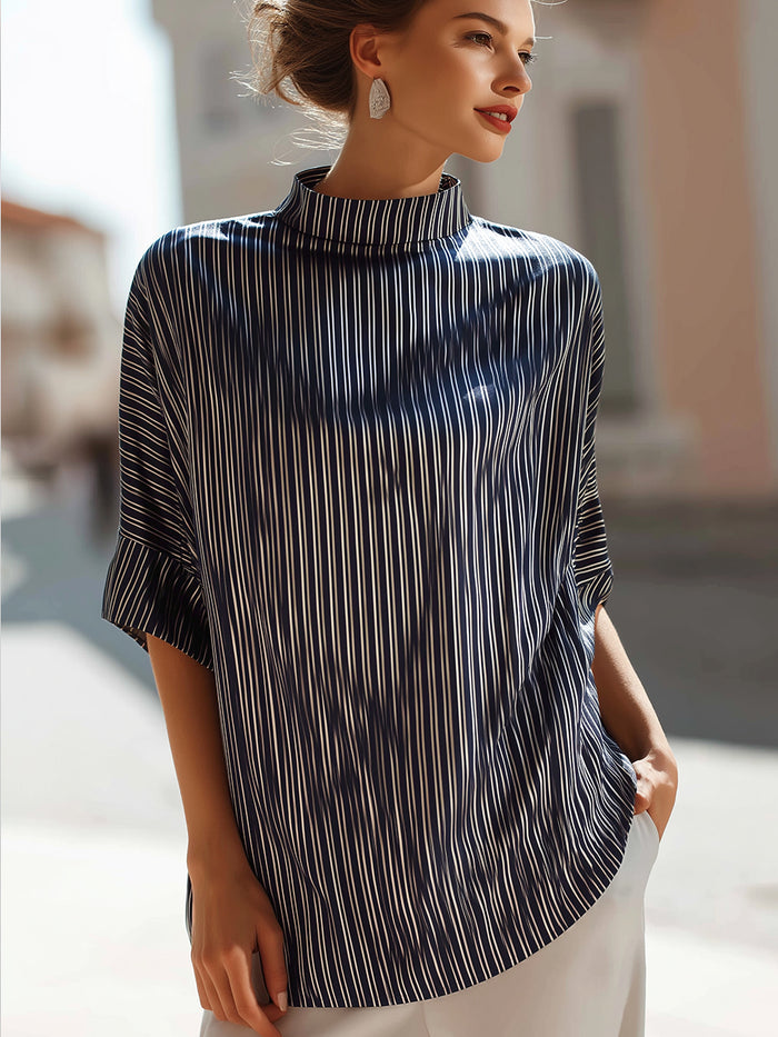 Striped Mock Neck Relaxed Short Sleeve Top