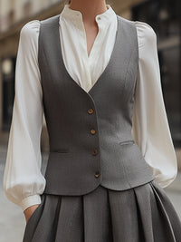 Structured Gray Tank, Pleated Maxi Skirt, And Off-White Base Three-Piece Set