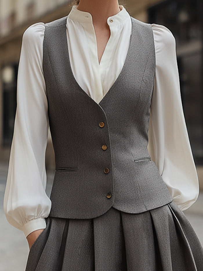 Structured Gray Tank, Pleated Maxi Skirt, And Off-White Base Three-Piece Set