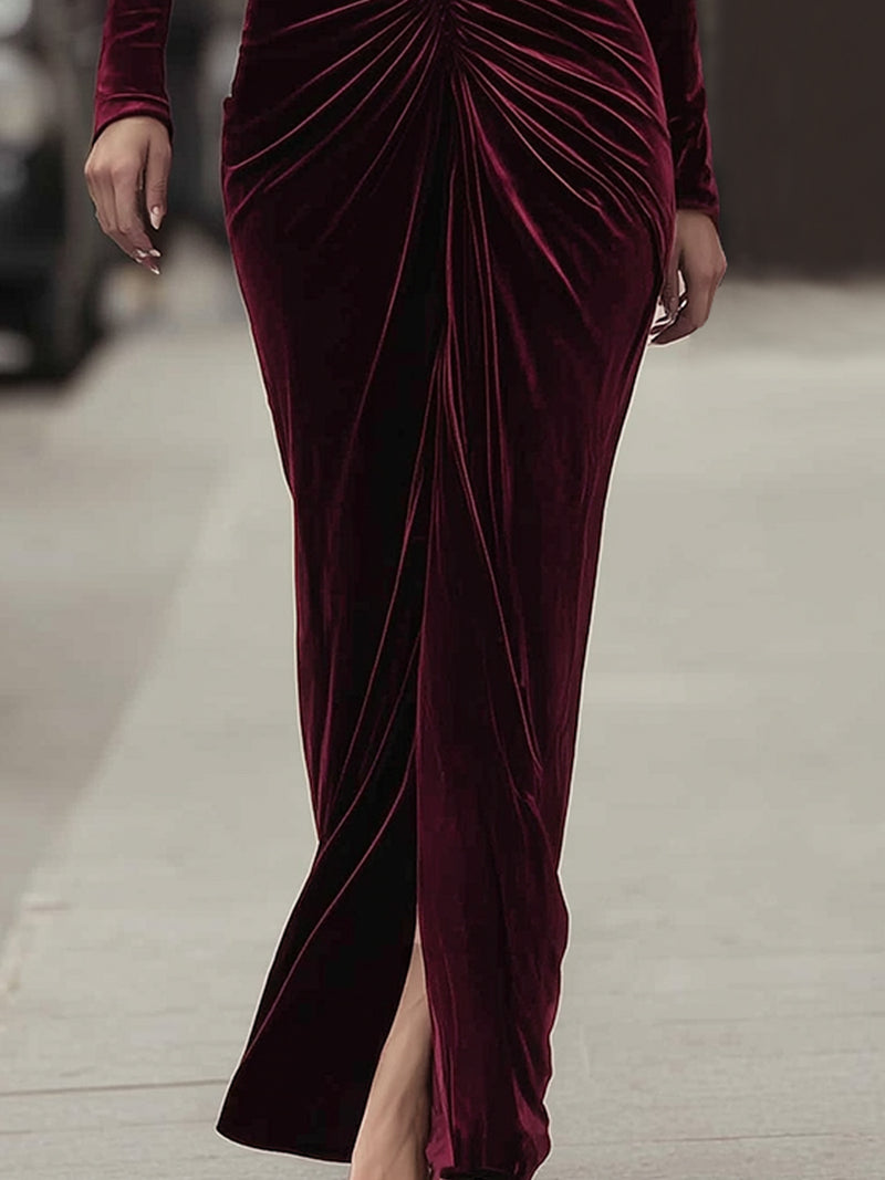 Velvet Draped Robe With Striking Pearl Buttons