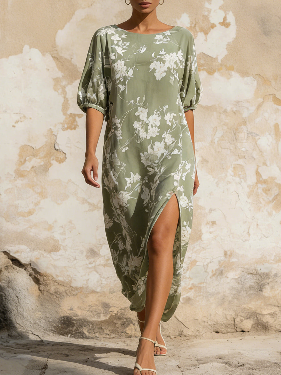 Elegant Sage Green Floral Slit Midi Dress