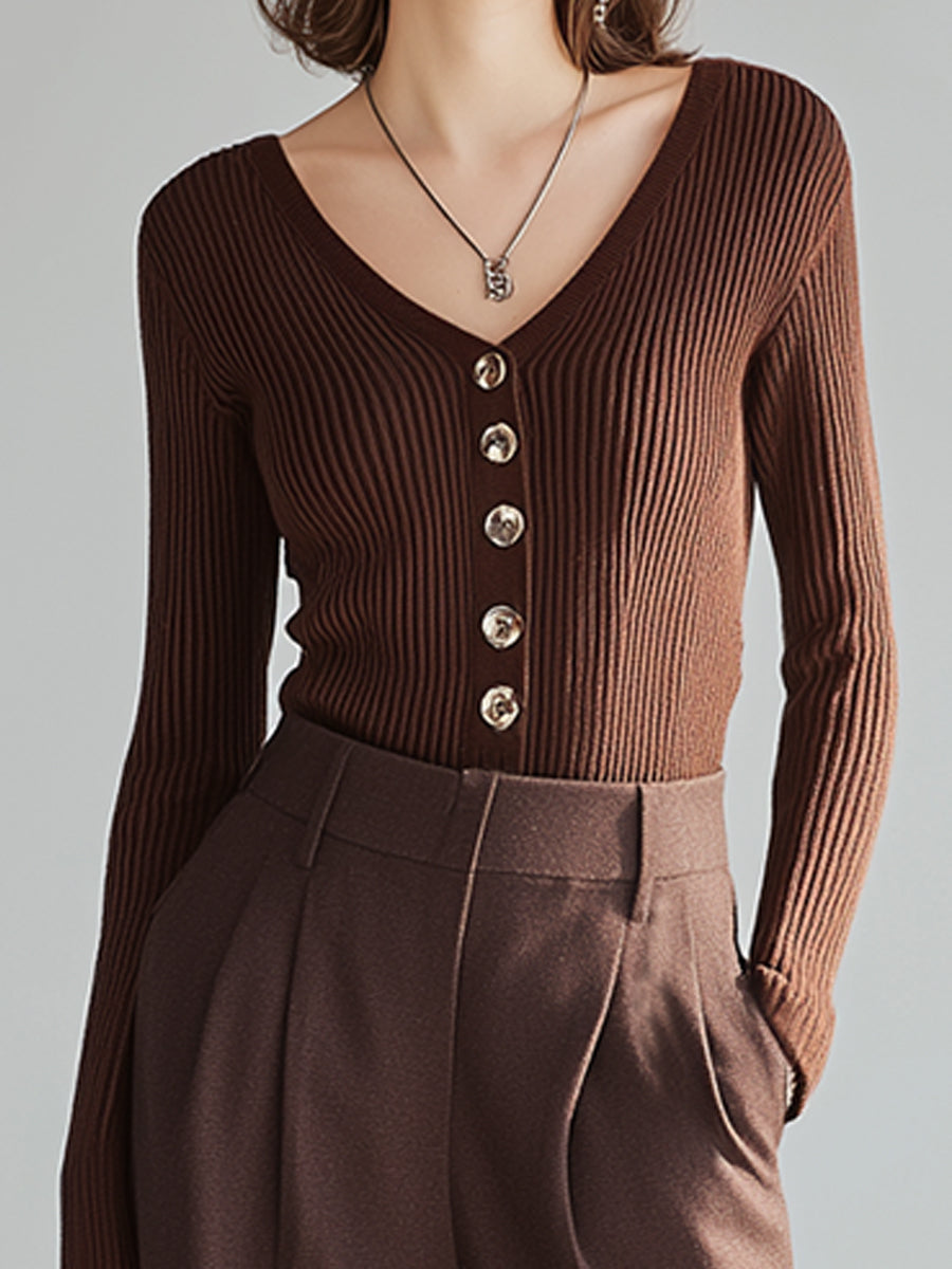 Chocolate Brown Ribbed Knit Top & Tailored Wide-Leg Pants Set