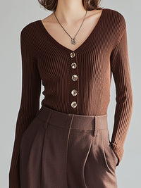 Chocolate Brown Ribbed Knit Top & Tailored Wide-Leg Pants Set