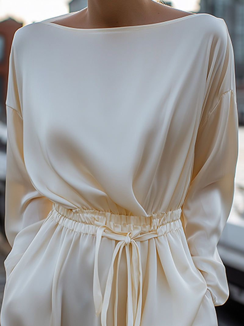 Ivory Satin Drawstring Dress With Long Sleeves