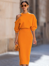 One-Shoulder Knit Top & Ribbed Midi Skirt Set